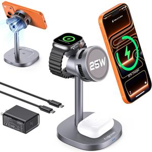 3 in 1 Wireless Charging Station, Qi2.2 25W Certified Fast Magnetic Charger, Mag-Safe Wireless Charger Stand with TEC Active Cooling, for iPhone17/16/15/14/13/12, Apple Watch/AirPods (25W Starry Sky Grey)