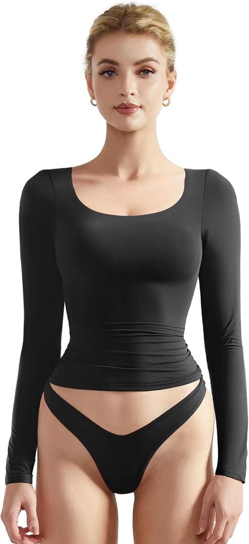 SUUKSESS Women Double Lined Fitted Basic T Shirts Scoop Neck Long Sleeve Crop Top (Medium, Black)