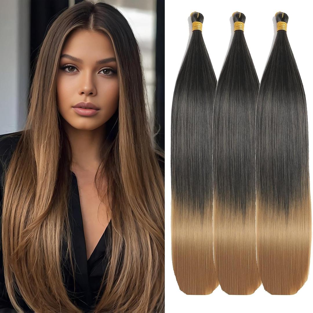 28 Inch Straight Hair Extensions 150g 3 Packs Bone Straight Braiding Hair, Soft Synthetic Bundles Crochet Braids Hair Bundles for Braiding (1B/27, 28 Inch 3 Bundles)