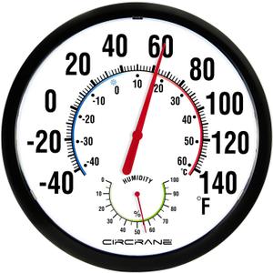 Circrane 13.25 Inch Round Thermometer with Hygrometer, Large Indoor Wall Patio Bimetal Weather Thermometer, No Battery Required, Black
