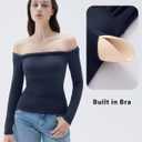 SUUKSESS Women Padded Off The Shoulder Tops Double Lined Going Out Long Sleeve Fitted Basic Fall Shirts(Navy Blue, XS)