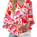 VALOLIA Flowy Blouses for Women 3/4 Long Sleeve Dressy Shirts V Neck Tops Fit Blouses Floral Formal Tops for Women Casual Fall Tunics to Wear with Leggings Pink Floral Large (L)