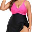 Women Plus Size Swim Dress Tummy Control One Piece Swimsuit Wrap Full Coverage Modest Bathing Suit Cute Tie Knot (Pink, XL)