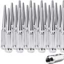 Set of 24, 14 mm x 1.5 Wheel Spike Lug Nuts, M14x1.5 Conical Bulge Seat, Closed End Spiked Lug Nuts with 1 Socket Key for Silverado Sierra 1500Aftermarket Wheel (Chrome)