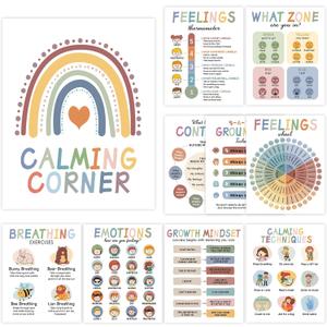 10 Calming Corner Posters for Kids Classroom Decorations, Boho Calm Down Corner Mental Health Poster for Toddlers, Feeling Charts Poster Kids Educational Posters Classroom Must Haves for Teacher Preschool Wall Art Decorations