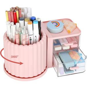 LETURE Rotating Office Desk Organizers and Accessories with 2 Drawer, Pencil Pen Marker Holder for Desk, Desktop Storage Organizers and Accessories for Office Home Art Supplies (Pink)