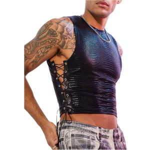 SHENHE Men's Y2k PU Leather Lace Up Tank Tops Mesh Sleeveless Punk Clubwear Cropped Vest (Black, S)