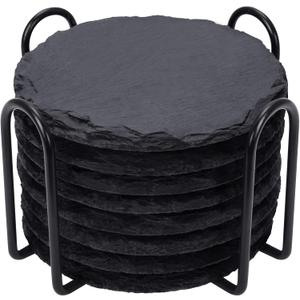 Slate Drink Coasters with Metal Holder, GOH DODD Set of 8 Black Coasters, 4 Inch Stone Coaster Set Tabletop Protection for Home Kitchen Apartment Bar Decor Housewarming Gifts Wedding Party, Round