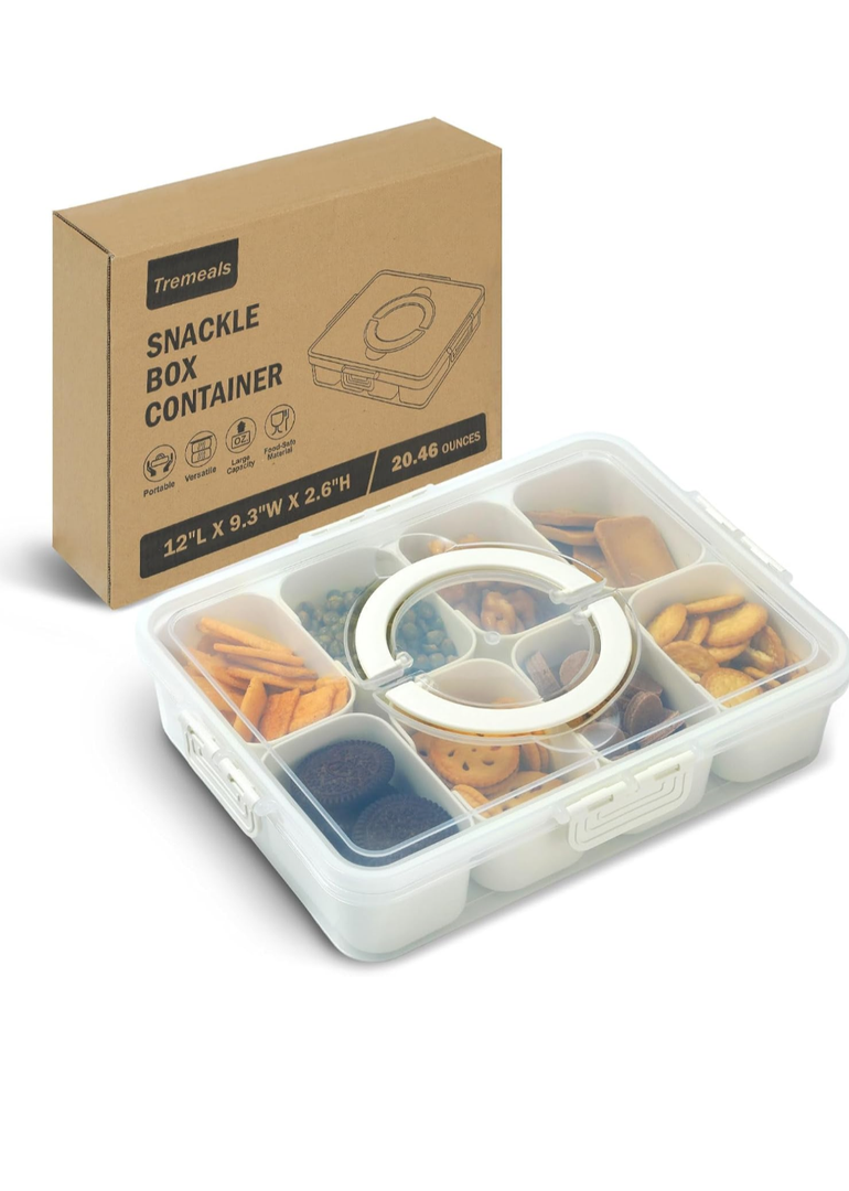 Divided Serving Tray for Candy, Condiment, Fruits and Nuts - Dishwasher Safe Snackle Box Container with Lid - Portable Charcuterie Board for Parties, Picnics, Travel and On-the-Go Snacking (8 Cups)
