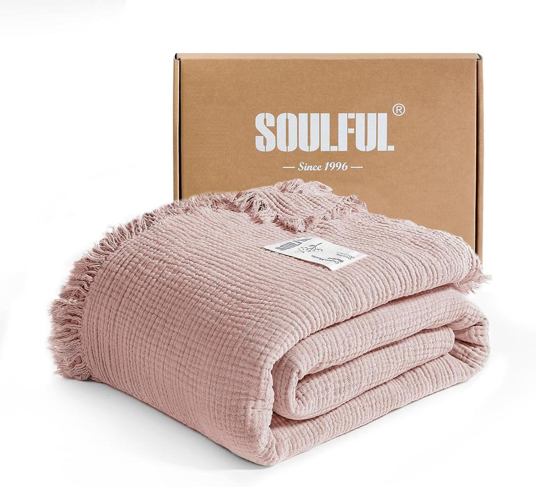 SOULFUL Muslin Throw Blanket with Tassels - Soft Twin Cotton Throw Blanket for Couch or Bed, Lightweight and Breathable Gauze for All Seasons, LightChampagne, 60" x 80"