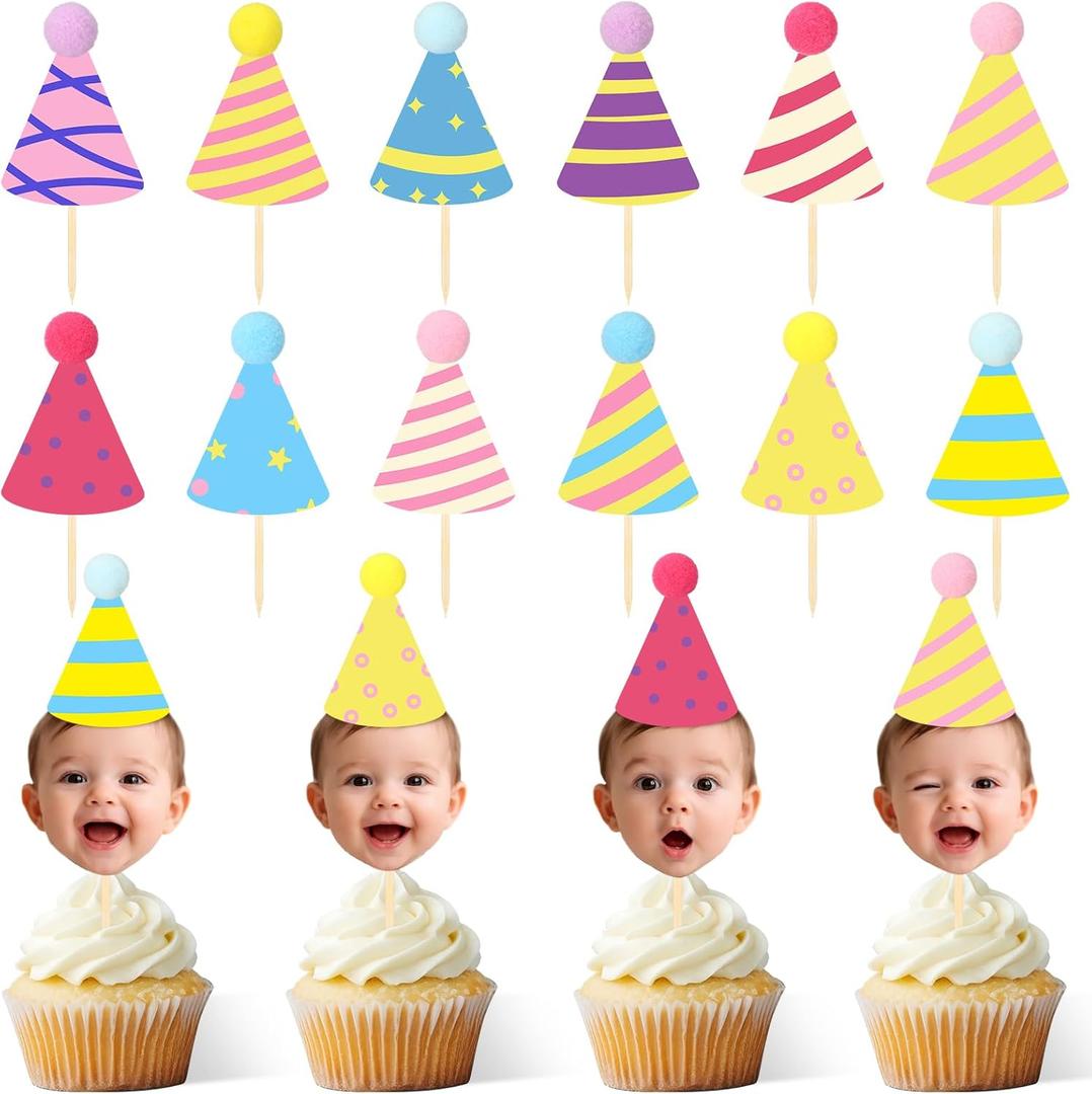 DIY Baby Face Photo Cake Topper Kit 36 Pcs Flat Birthday Hats with Pom Poms & Wooden Stick for First Birthday Personalized Cake Decoration Baby's Cupcake Topper(Rainbow Color,Stylish Style)