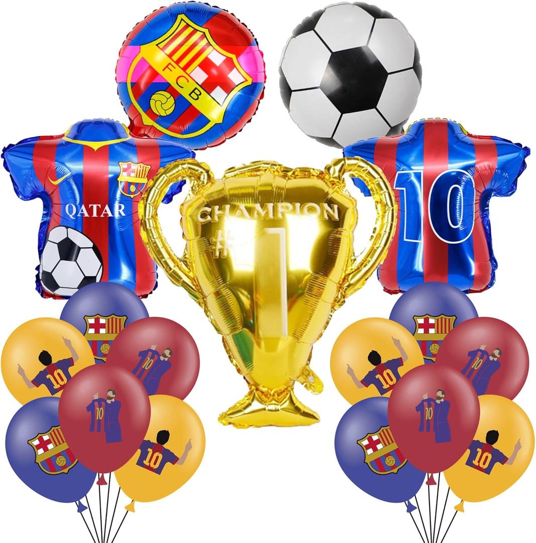 Soccer Theme Birthday Party Decorations Include 12pcs Latex Balloon, 5pcs Foil Balloons, Barcelona Theme Balloons for Party Favors, Messi Birthday Party Supplies