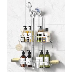 Adjustable Shower Caddy Hanging - Never Rust Shower Organizer Hanging, Aluminum Shower Racks for Inside Shower - Bathroom Organizers and Storage with 2 Soap Holders and 2 Removable Hooks, Silver