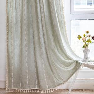 RoomTalks Sage Green Boho Farmhouse Curtains for Bedroom Living Room 84 Inch Length French Country Spring Cute Textured Window Curtain Panels Striped Bohemian Chic Tassel Draperies, 84L x 52W