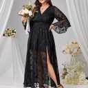 EYWOL Wedding Guest Dress Plus Size Ruffle Bell Sleeve V Neck A Line Flowy Empire Waist Maxi Dresses with Slit (Black), Size 2X