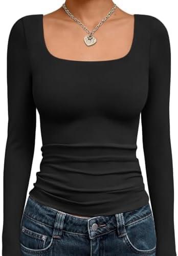 Trendy Queen Womens Long Sleeve Shirts Crop Tops Fall Fashion 2025 Square Neck Going Out Basics Tees Y2k Clothes M, Black