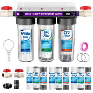 3-Stage Whole House Water Filter System, 0.5 Micron Filtration | Home Water Filtration System Includes 2 Extra Filter Sets,Reduces Chlorine,Taste,Odors for Cleaner Water.15 GPM,3/4"& 2Valves