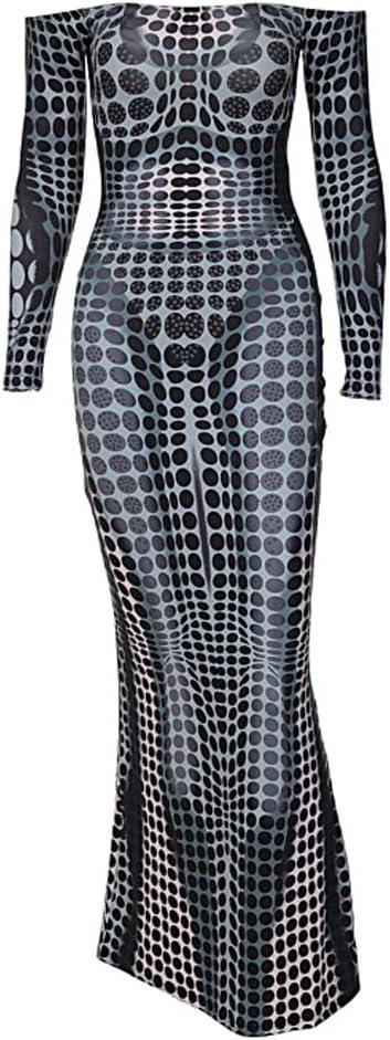 Women's Long Sleeve Bodycon Dress Unique 3D Print Sexy Body-Shaping Party Clubwear Long Maxi Pencil Dress (Medium)