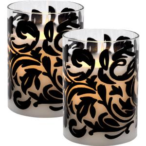LumaBase Battery Operated LED Glass Candles with Flickering Flame, Black Baroque Swirl - Set of 2