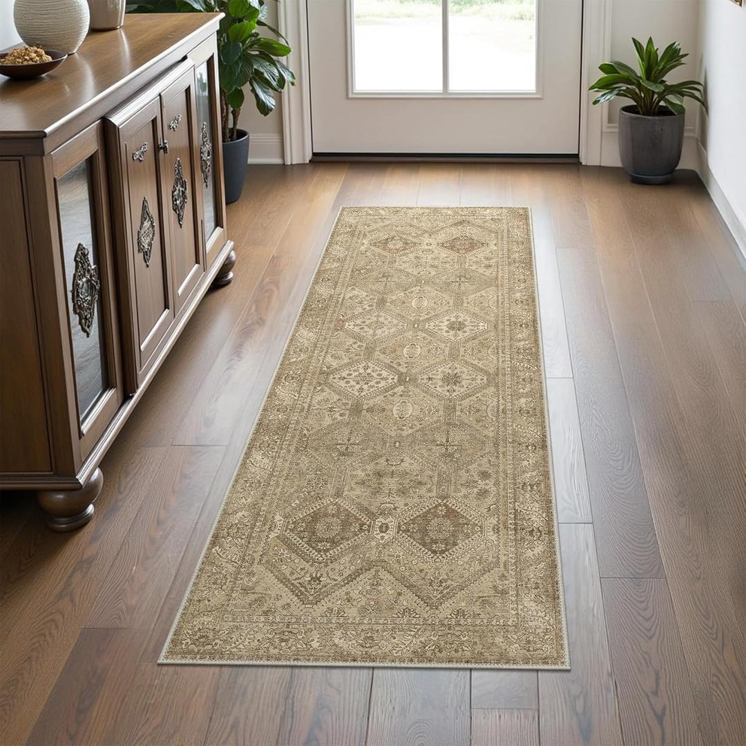 Bavni 2x5 Runner Rug Non Slip, Machine Washable Rug Runners for Hallways, Vintage Distressed Print Kitchen Runner, Low Pile Lightweight Carpet Runner for Entryway Laundry Bedroom Bathroom Nut Brown