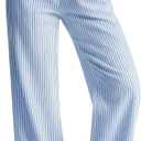 Neer Women's Striped Gingham Pants Cotton Plaid Pajama Lounge Boxer Pants Drawstring Pj Bottoms Wide Leg Trousers with Pocket(Blue White Stripe, X-Large)