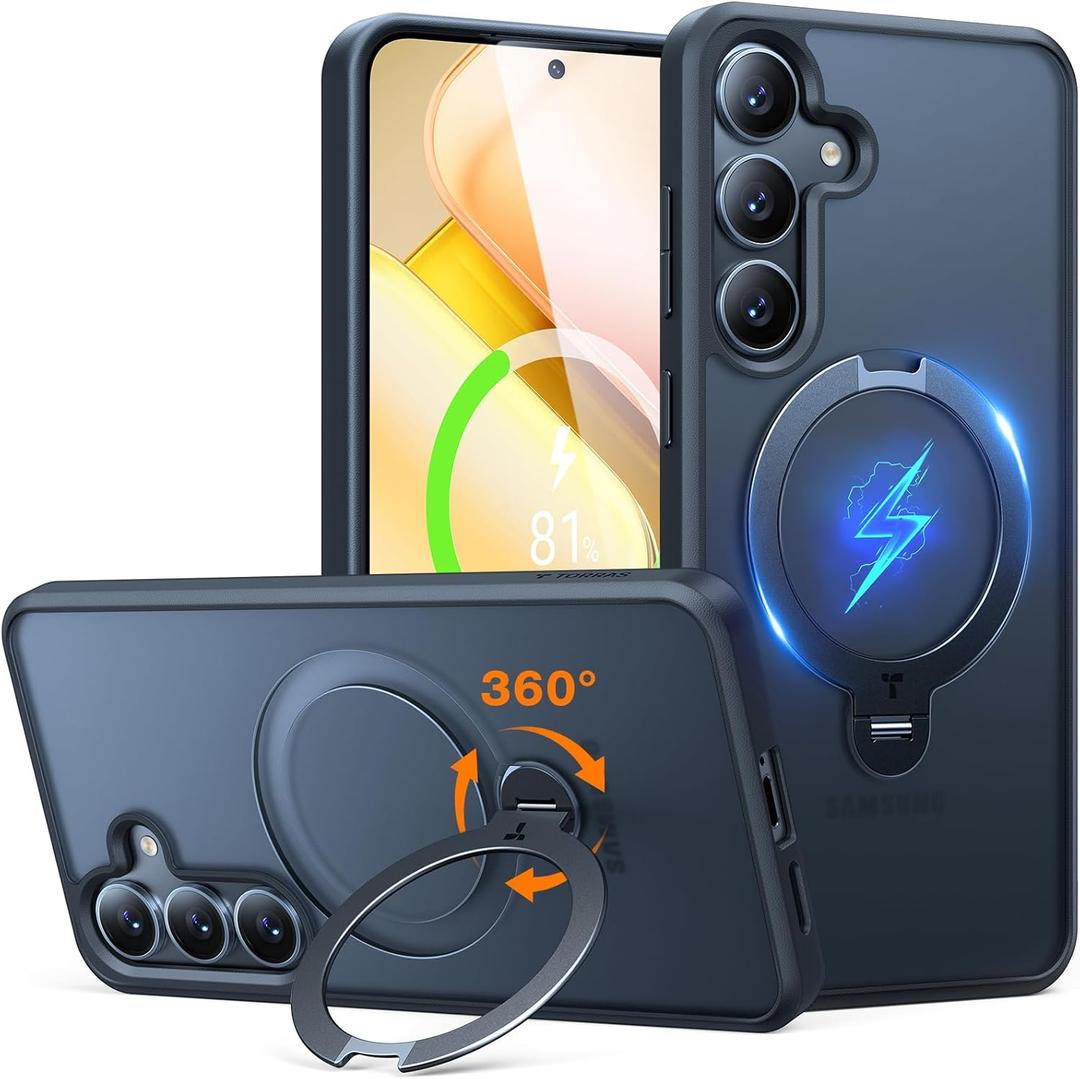 TORRAS 360 Spin for Samsung Galaxy S25 Case with Stand, Fit for MagSafe, 3X Military Grade Protective, Rotatable Kickstand for Samsung S25 Case, Magnetic Ring Slim Hard Cover, Matte Black 6.2''