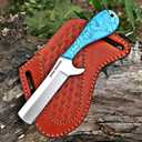 Handmade 1095 steel Bull cutter knife, cowboy knives with pancake leather sheath classic style knife, gift for men (Turquoise BLUE)