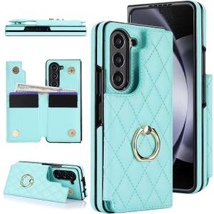 for Samsung Galaxy Z Fold 6 Wallet Case with Ring and Credit Card Holder, Cash Slot, Premium Diamond Leather Magnetic Clasp Kickstand Heavy Duty Protective Cover.(Green)