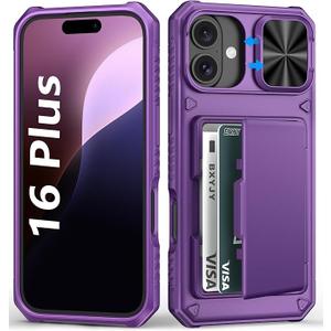 BXYJY for iPhone 16 Plus Wallet Case with Camera Cover, Builtin Card Holder (45 Cards), Military Grade & RFID Protection, Heavy Duty Women Men Protective Phone Case for iPhone16 Plus, Dark Purple