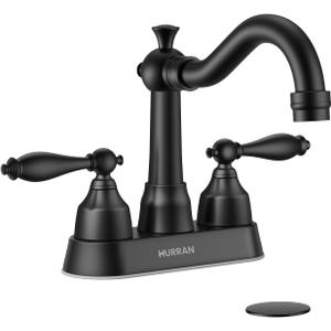 Hurran 4-inch Centerset Matte Black Classical Bathroom Faucet, 2 Handles for 2 or 3 Hole Sink with 360 Swivel Spout, Pop Up Drain Assembly and Supply Hose for Vanity Sink Lavatory Faucet