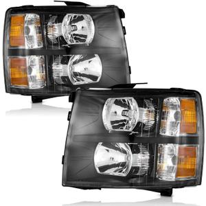 WEELMOTO Headlights Pair Assembly for 2007 2008 2009 2010 2011 2012 2013 Chevy Silverado 1500, Compatible with 07-14 Chevy Silverado 2500HD 3500 Headlamp Replacement Black Housing Amber Reflector