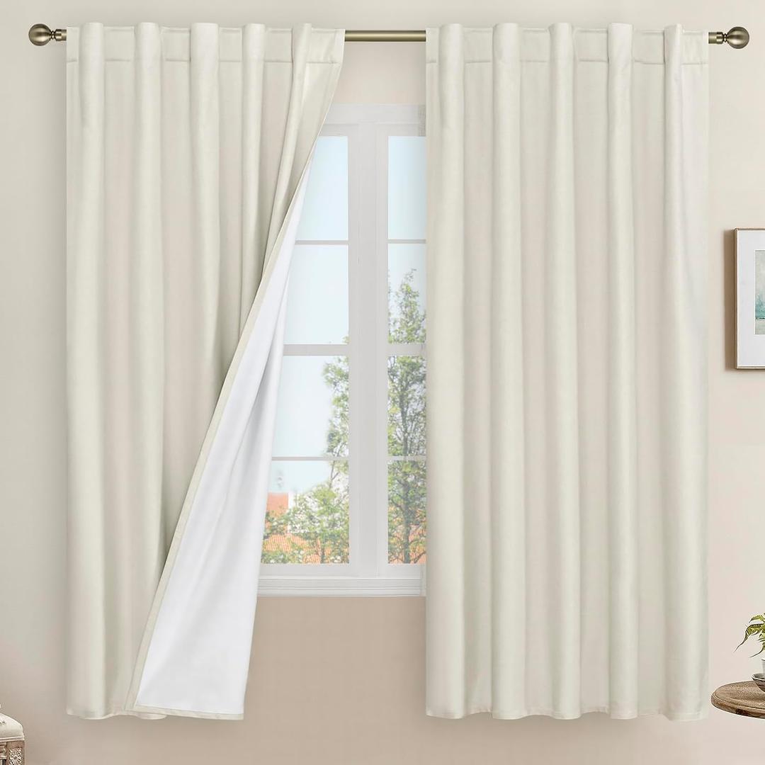 LAMIT Natural 100% Blackout Linen Curtains, 63 Inches Linen Textured Thermal Bedroom Curtains Back Tab and Rod Pocket Neutral Panels with White Liner for Farmhouse, 2 Panels, 42 x 63 Inch, Ivory