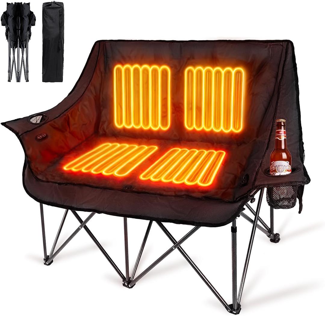 Double Heated Camping Chair, Fully Padded Oversized Loverseat Camping Chair w/ 2 x Cup Holder, Pillow, 2 Person Camping Couch for Outdoor, Patio, Supports 600lbs, Black, No Power Bank
