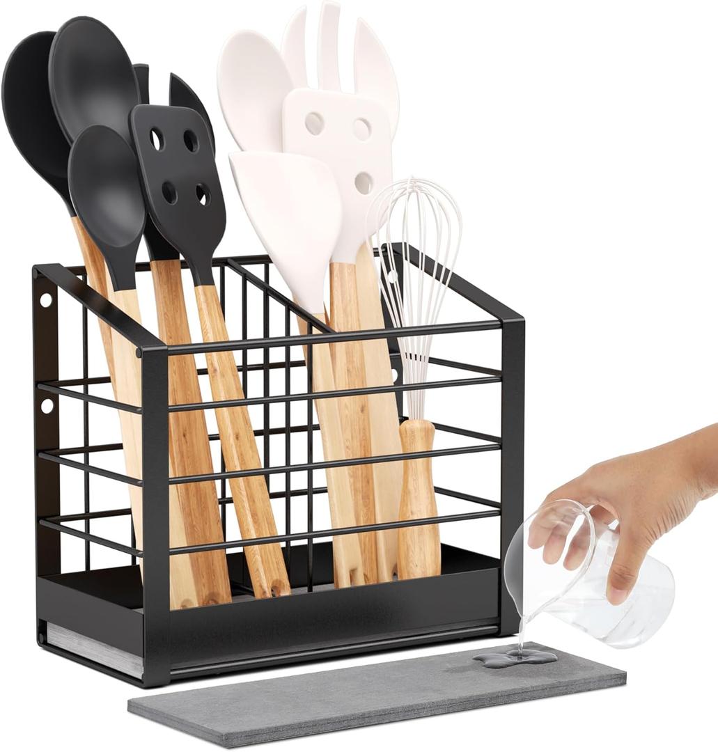 Large Utensil Holder for Kitchen Counter: Kitchen Cooking Utensil Holder Organizer with Diatomaceous Earth Base Matte Black, 2 Compartments 