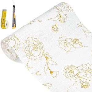 Shelf Liners for Kitchen Cabinets 12in x 20FT Non Adhesive Drawer Liner Gold Floral Thickened Shelf Liner Paper Strong Non-Slip Easy to Clean for Tool Box Refrigerator with Knife and Tape Measure
