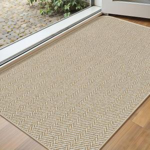Ultra Thin Door Mat Indoor Entrance 17"x29", Low-Profile Indoor Door Mat, Non Slip Entry Mat Rubber Backing Unique Herringbone Design Inside Doormat Dirt Trapper Entryway Mats, Beige (Khaki)