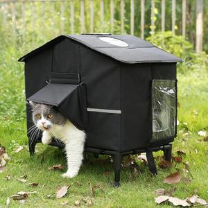 Veehoo Outdoor Cat House Weatherproof, Elevated Insulated Feral Cat Shelter | Outdoor stray cats shelter, waterproof eaves, escape door, portable, easy to assemble, 16.9"x13.0"