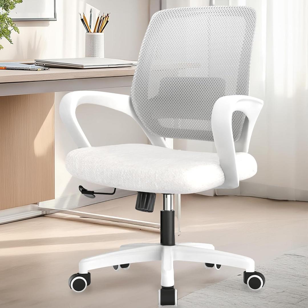 NEO Chair Office Desk Ergonomic Mesh Computer Chair with Lumbar Support Adjustable Height Swivel Rolling Wheels Comfy Mid Back Task Chair for Home Bedroom Vanity Study (Ivory)