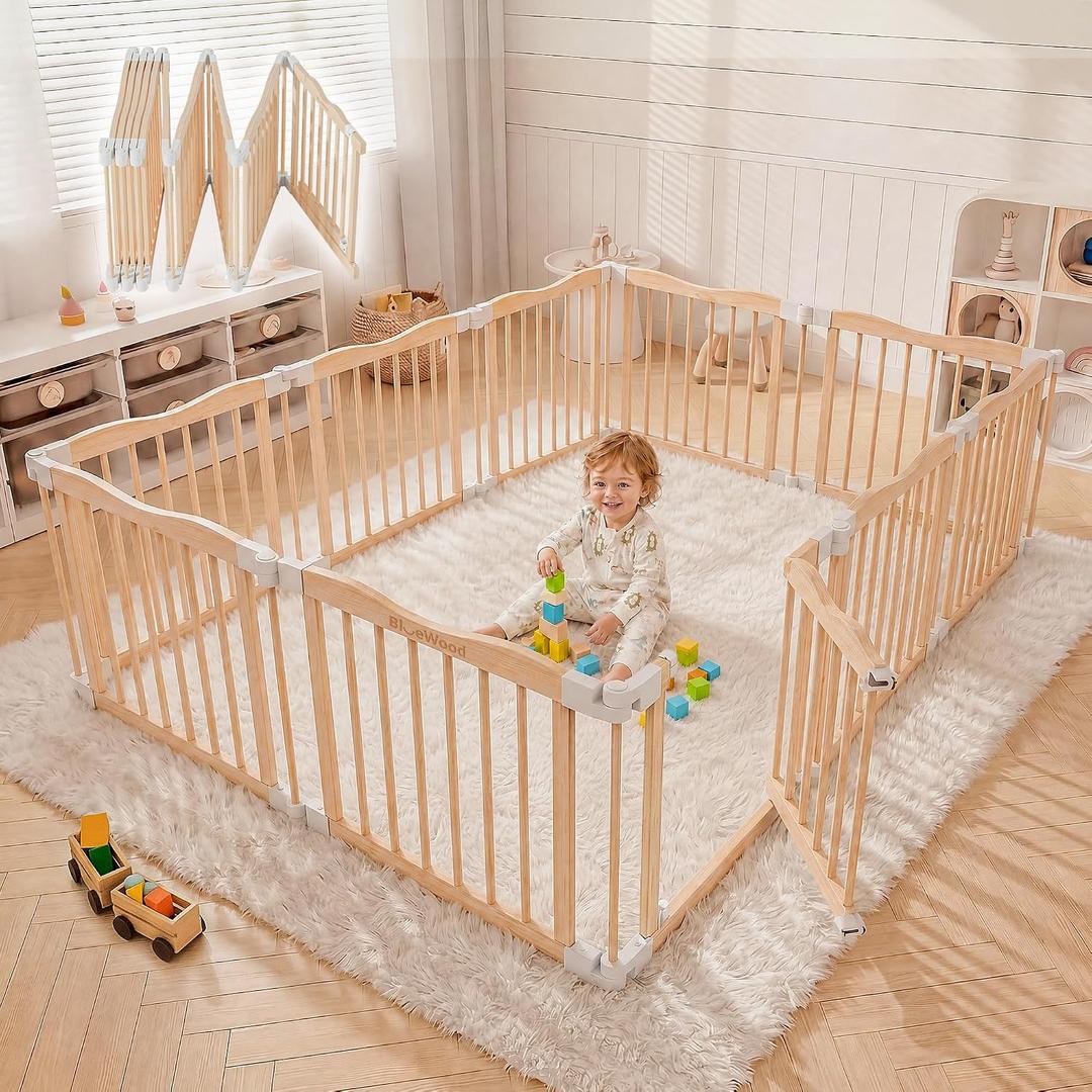 BlueWood Wooden Baby Playpen, Foldable Play Yard with Door, 82.5x55 Inch, 10 Panels, Natural Wood