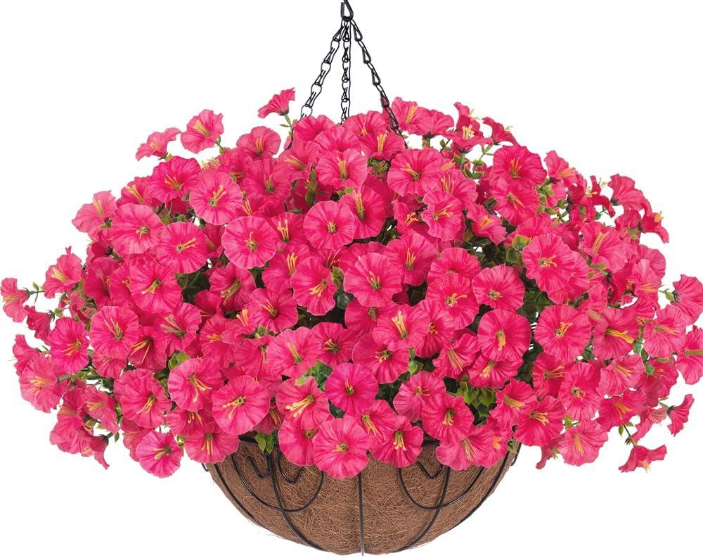 Artificial Fake Hanging Flowers Plants Baskets for Outdoor Spring Summer Decoration, Faux Silk Morning Glory in Planter UV Resistant Realistic for Home Outside Porch Patio Balcony Garden Yard (12 Bundles, Hotpink)