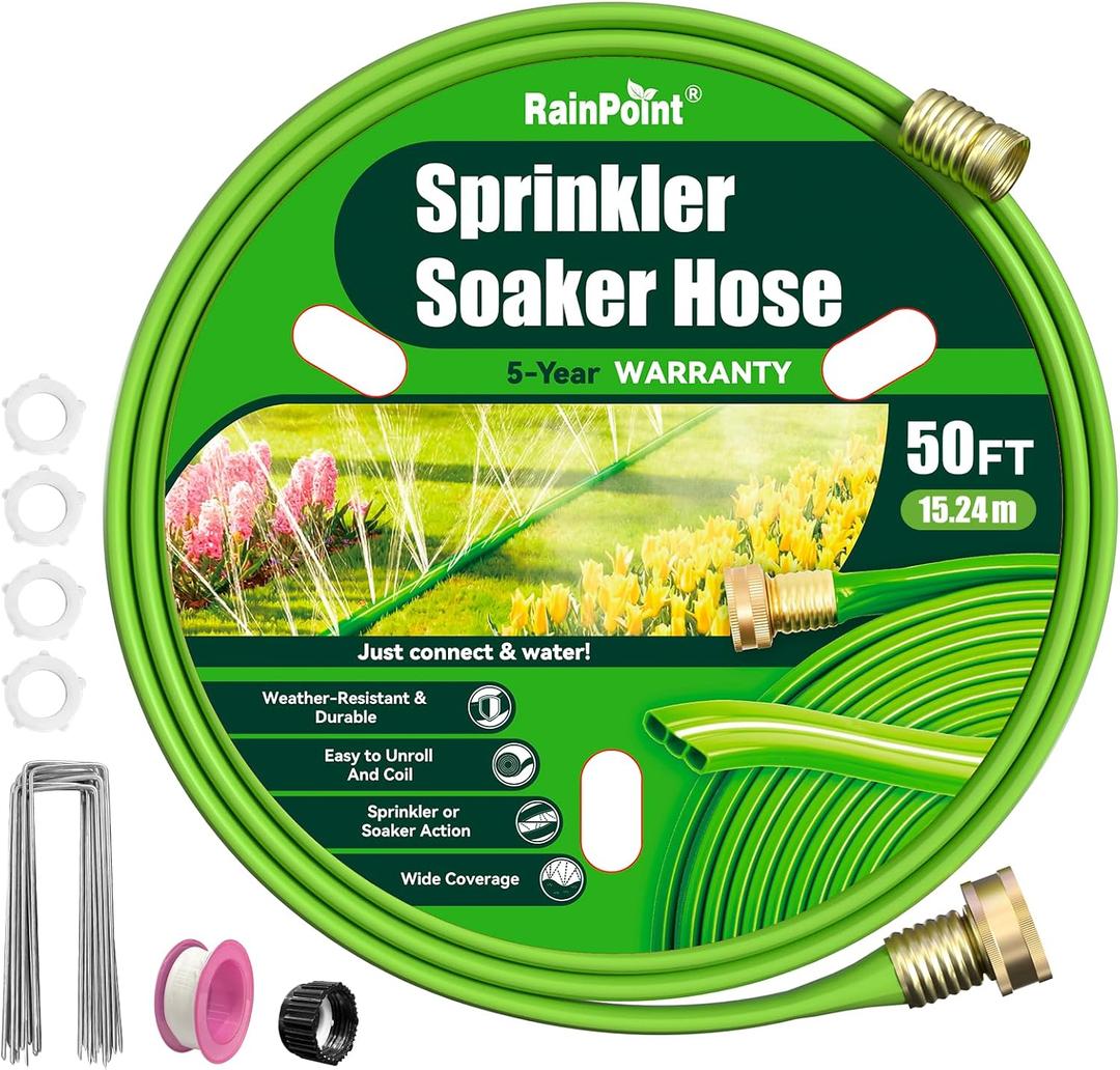 RAINPOINT Sprinkler Hose with Holes 50FT, Flat Soaker Hose with Stakes, Lightweight Water Irrigation Sprinklers System for Garden, Lawn and Yard