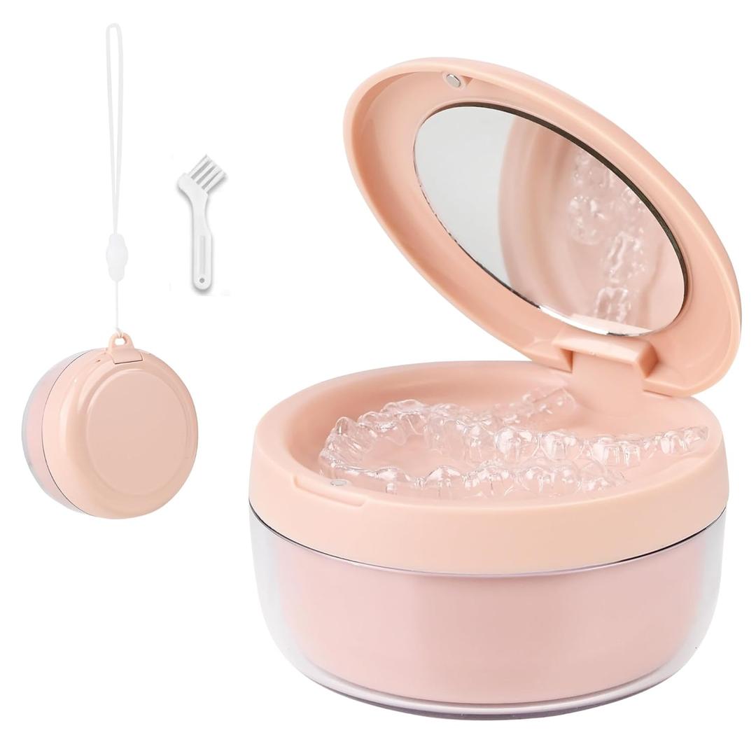 Denture Case, 2-in-1 Retainer Cleaner Case with Mirror & Strainer, Portable Aligner Bath Soaking Cup for Travel, Cute Orthodontic Storage Box for Mouth Guard, Night Guard & False Teeth, Pink