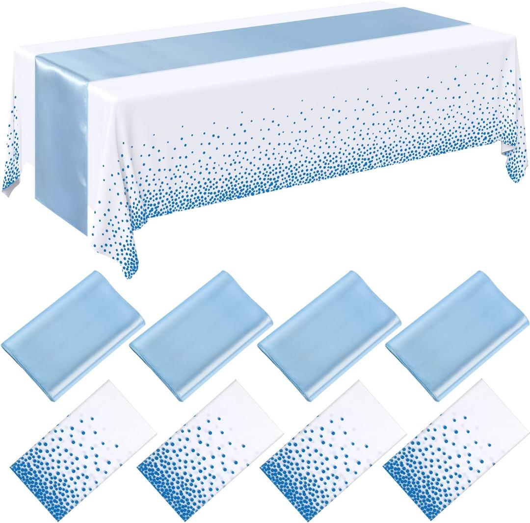 Breling 8 Pack Winter Baby Blue and White Disposable Plastic Tablecloths and Satin Table Runner Set, 54 x 108 Inch Tablecloth, 12 x 108 Inch Table Runners for Wedding Birthday Baby Shower New Year