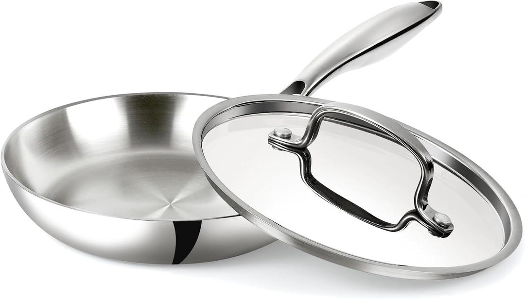 Stainless Steel 8 Inch Frying Pan, Tri-ply Clad Base Non-toxic Skillets with Stainless Steel Lid, Fast and Even Heating Stay Cool Handles Induction Dishwasher & Oven Safe PFOA Free Cookware