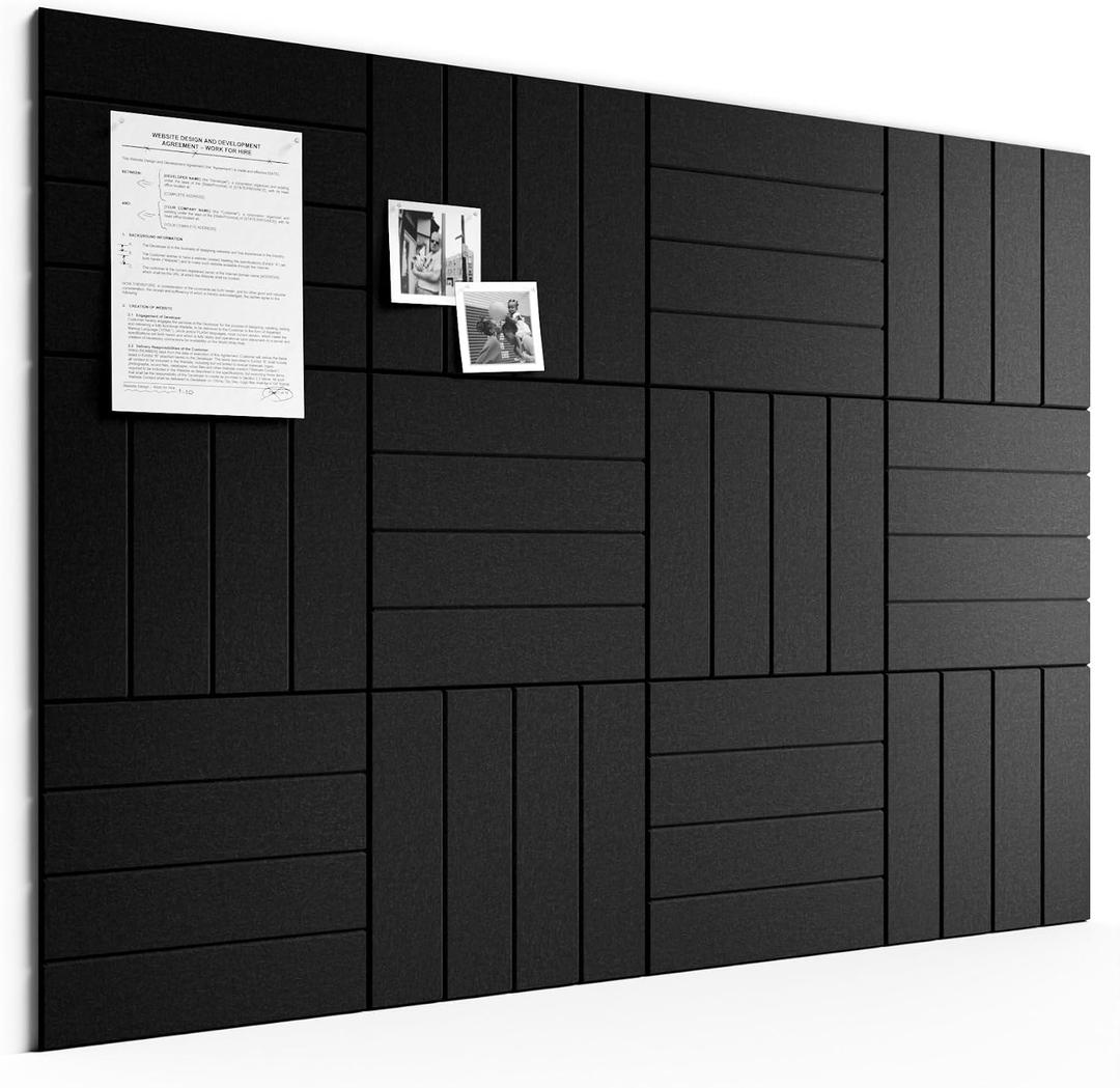 Bumusty Large Cork Board Alternative-48 x 36" Felt Bulletin Board Tiles, with 30 Pushpins, 70 Adhesive Tabs, Bold-Stripe 12-Pack, Cork Boards for Office Push Pin Board Felt Board-Black