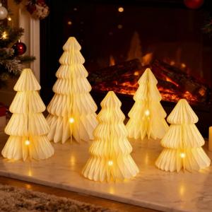 Christmas Table Decorations Indoor, 5 Pcs Large White Honeycomb Paper Christmas Trees, Vintage Light Up Table Centerpieces for Xmas Winter Wonderland Holiday Party Weddings Home Decor, 12/14/16 Inch