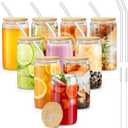 sungwoo 10PCS Glass Cups with Bamboo Lids and Straws, 16OZ Ice Coffee Cup, Drinking Cup set with Wooden Lids, Home Essential Glass Tumblers for Beer, Cocktail, Tea and Latte Clear