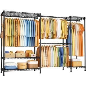 ULIFHOME E17 Heavy-Duty Clothes Rack with 2 Expandable Hanging Rods, Black, 78-102.7"W x 15.7"D x 76.6"H