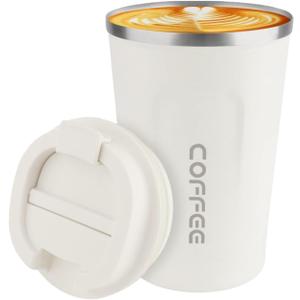 Insulated Travel Coffee Mug,Reusable Coffee Cups with Leakproof Lid,Stainless Steel Portable Coffee Tumbler,Spill Proof Thermos Cup for Keep Hot or Ice Coffee Milk Tea and Beer (White, 380ml)