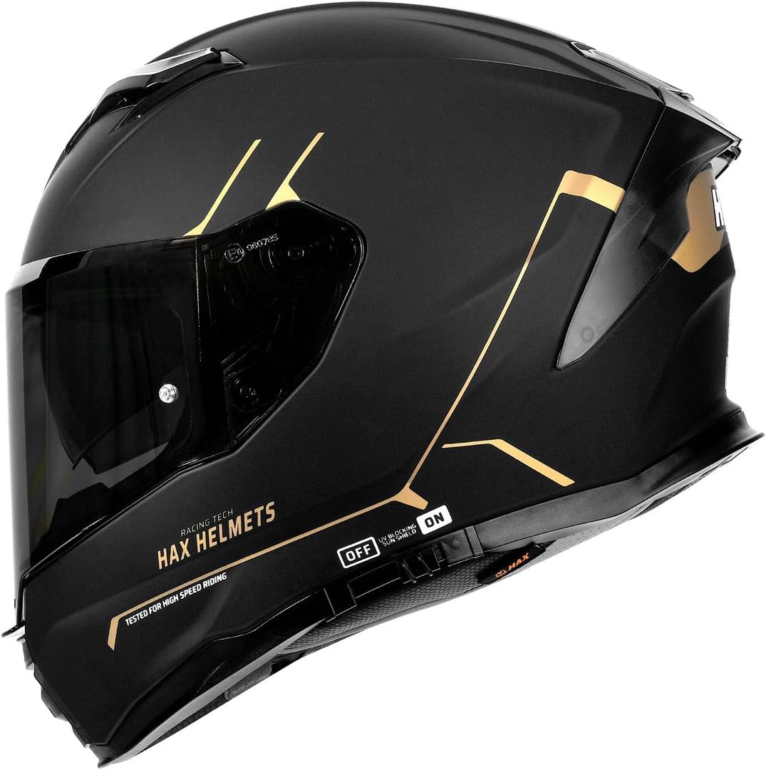 HAX Force Aerodynamic Full Face Helmet for Street & E-Bikes DOT & ECE Certified - Enhanced Dual Visor, Adult Size, Pinlock Ready Matte Black Gold L